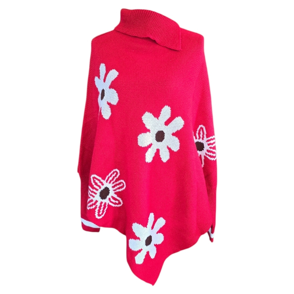 Red White Floral Daisy Long Sleeve Turtleneck Poncho Sweater L